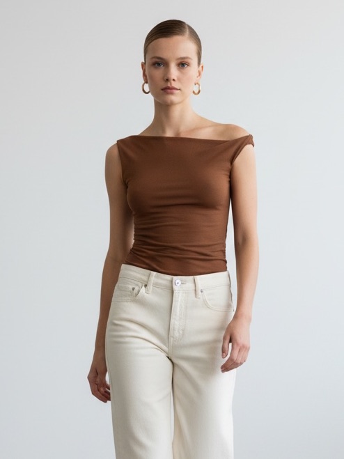 1531 Warm Brown Stretch Asymmetrical One Shoulder Ruched Sides Stretch Top
